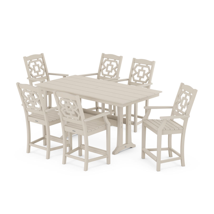 POLYWOOD Chinoiserie Arm Chair 7-Piece Farmhouse Counter Set with Trestle Legs in Sand