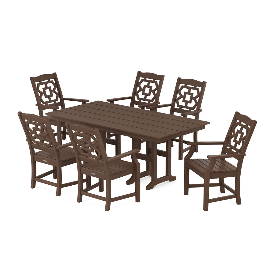 POLYWOOD Chinoiserie Arm Chair 7-Piece Farmhouse Dining Set in Mahogany