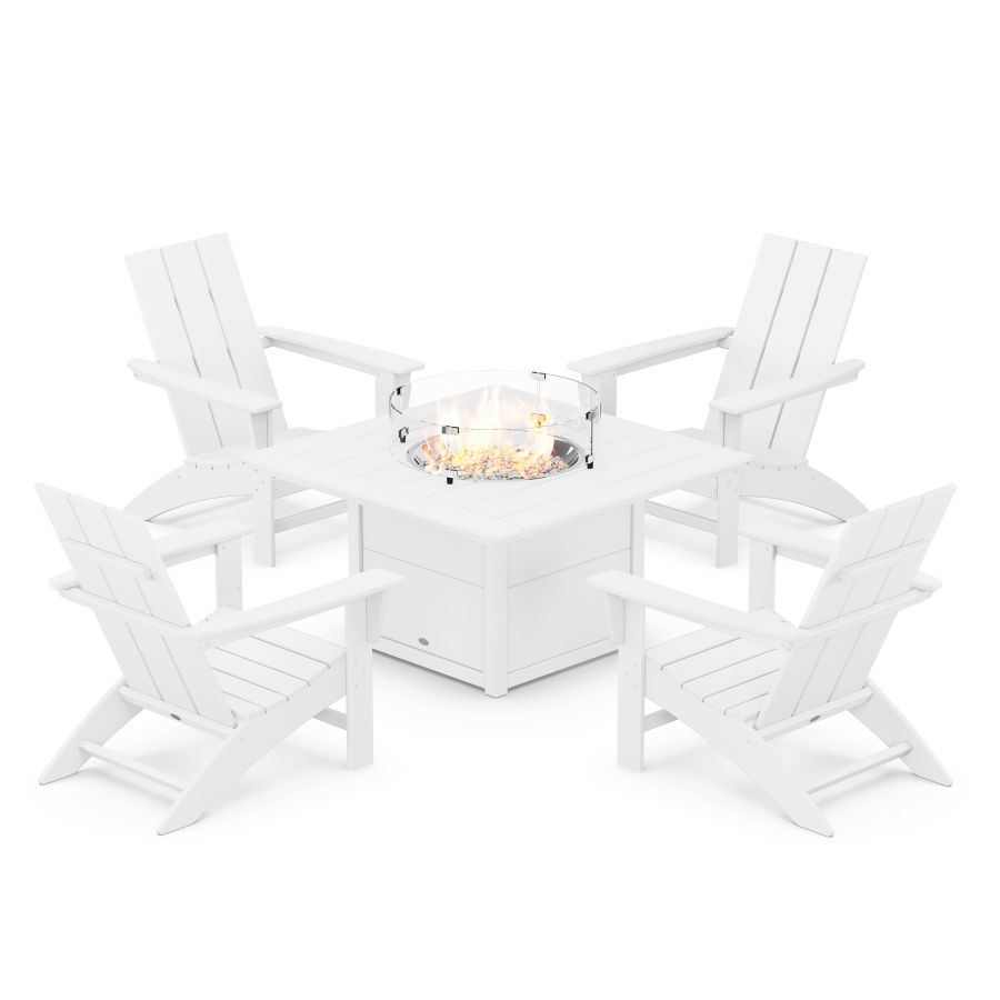 POLYWOOD Modern 5-Piece Adirondack Chair Conversation Set with Fire Pit Table in White