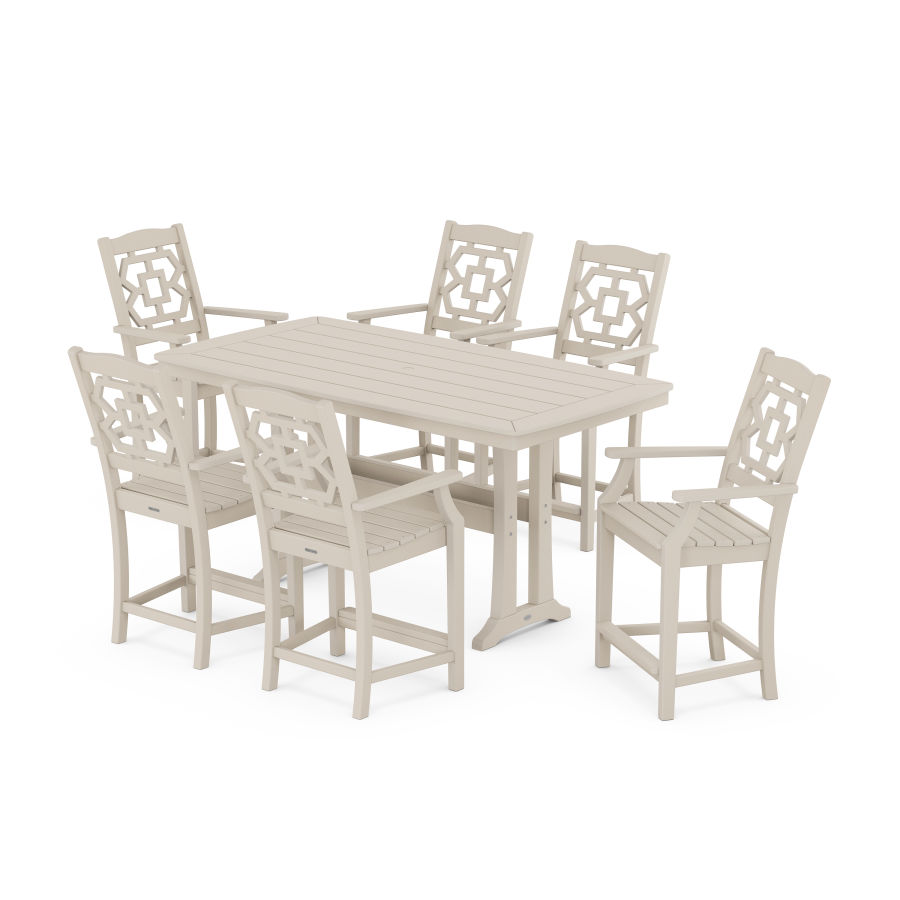 POLYWOOD Chinoiserie Arm Chair 7-Piece Counter Set with Trestle Legs in Sand