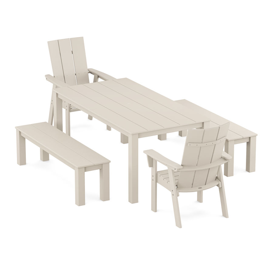 POLYWOOD Modern Curveback Adirondack 5-Piece Parsons Dining Set with Benches in Sand
