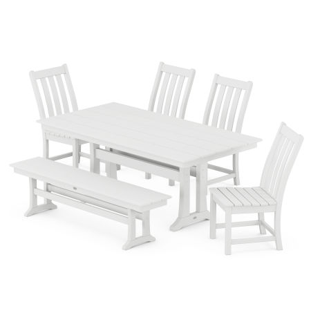 Vineyard 6-Piece Farmhouse Trestle Side Chair Dining Set with Bench in White