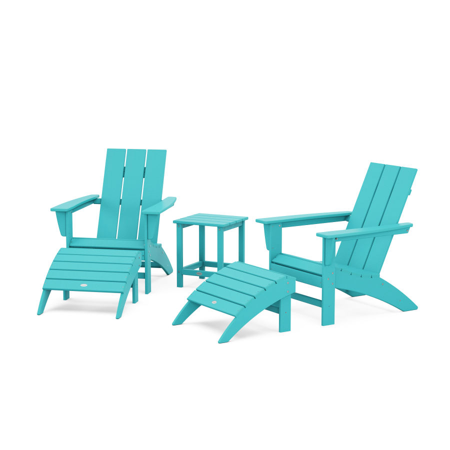 POLYWOOD Modern Adirondack Chair 5-Piece Set with Ottomans and 18" Side Table in Aruba