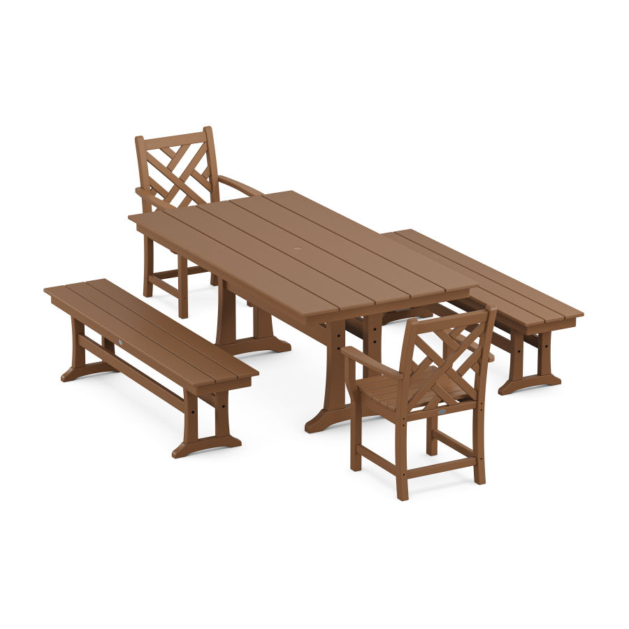POLYWOOD Chippendale 5-Piece Farmhouse Dining Set With Trestle Legs in Teak