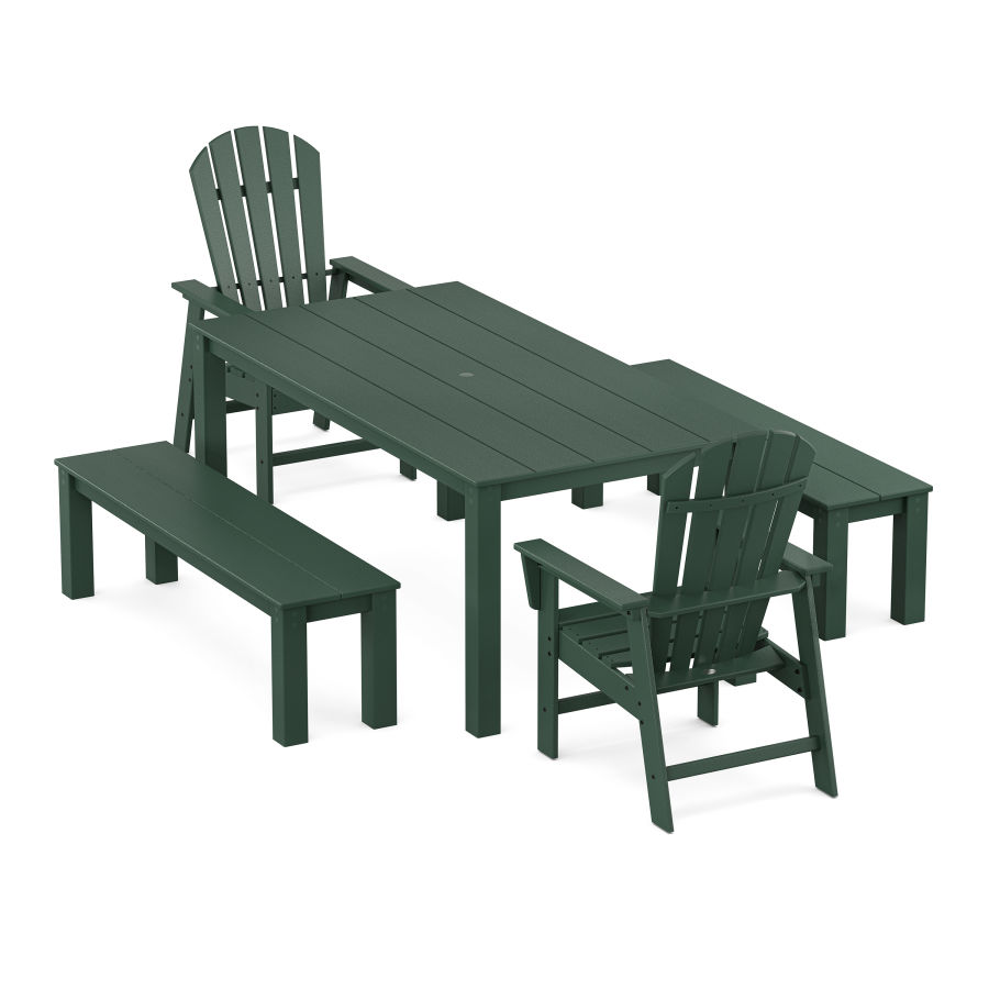 POLYWOOD South Beach 5-Piece Parsons Dining Set with Benches in Green