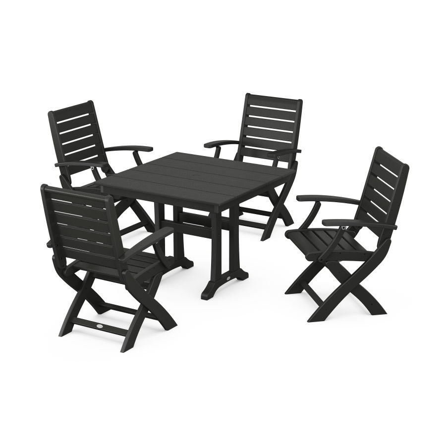 POLYWOOD Signature Folding Chair 5-Piece Farmhouse Dining Set With Trestle Legs in Black