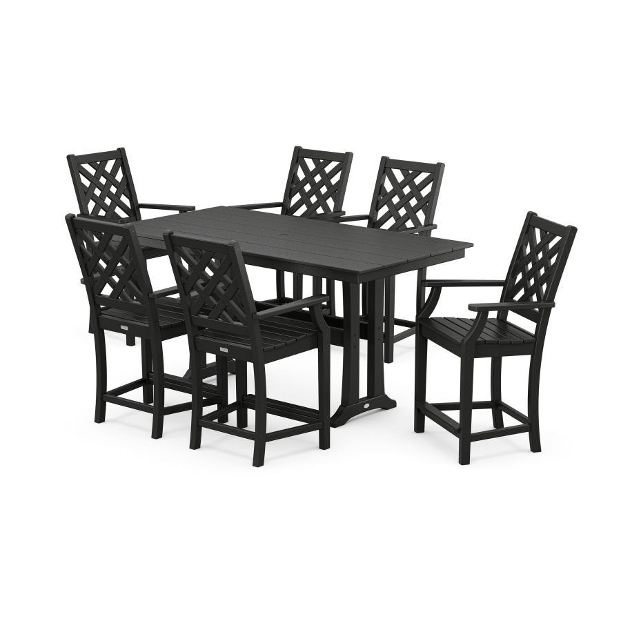 POLYWOOD Wovendale Arm Chair 7-Piece Farmhouse Counter Set with Trestle Legs in Black