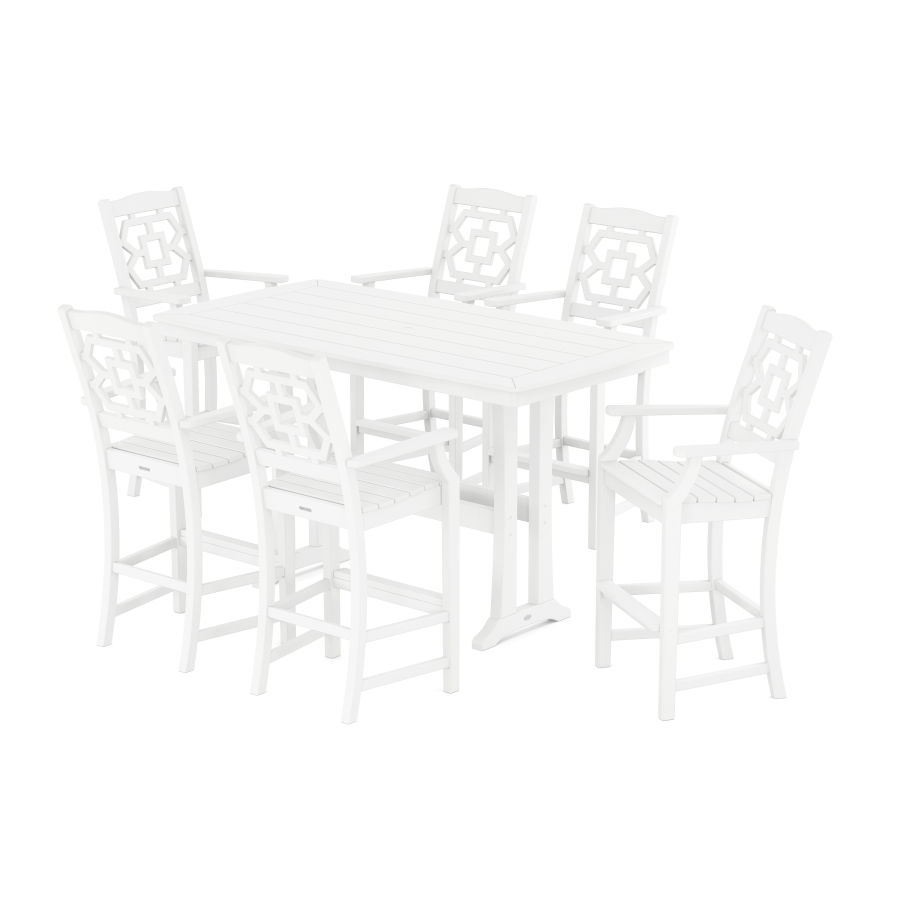 POLYWOOD Chinoiserie Arm Chair 7-Piece Bar Set with Trestle Legs in White