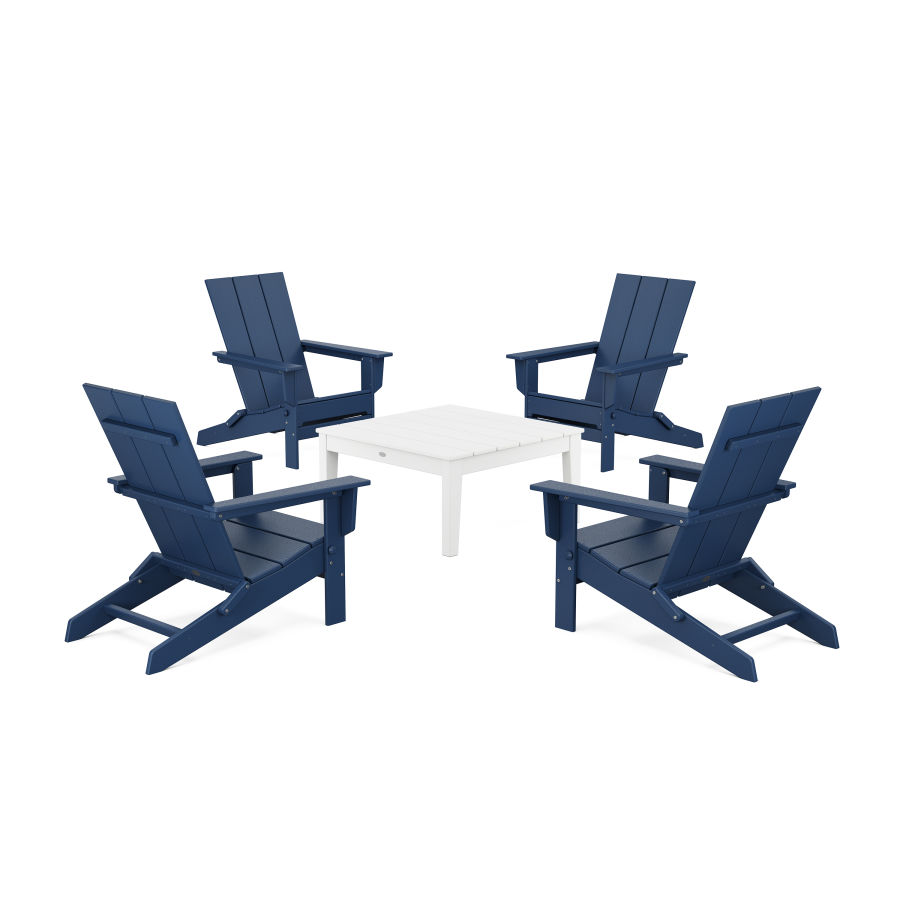 POLYWOOD 5-Piece Modern Studio Folding Adirondack Chair Conversation Group in Navy / White