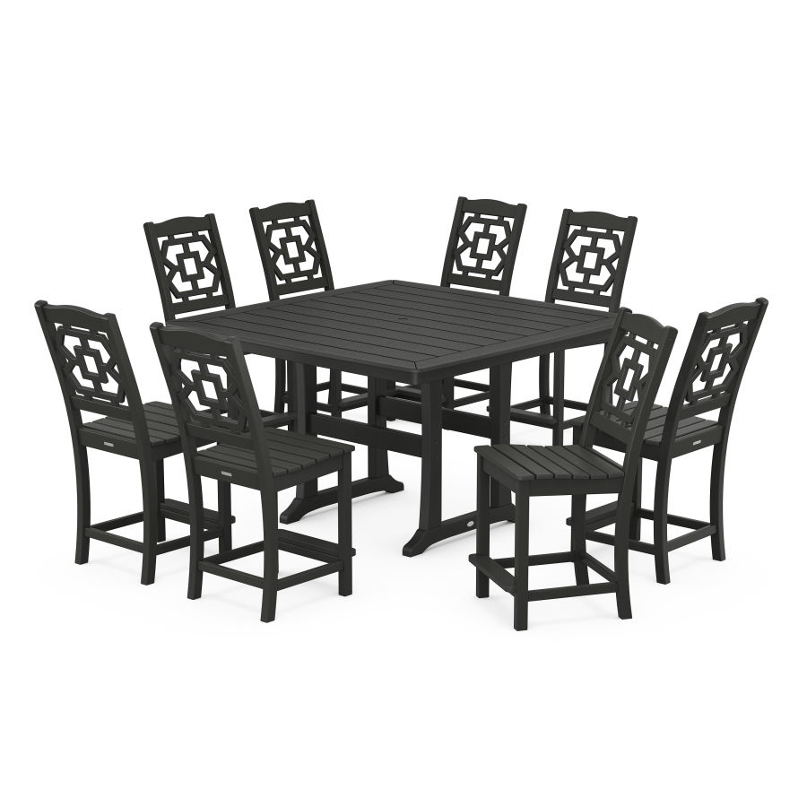 POLYWOOD Chinoiserie 9-Piece Square Side Chair Counter Set with Trestle Legs in Black