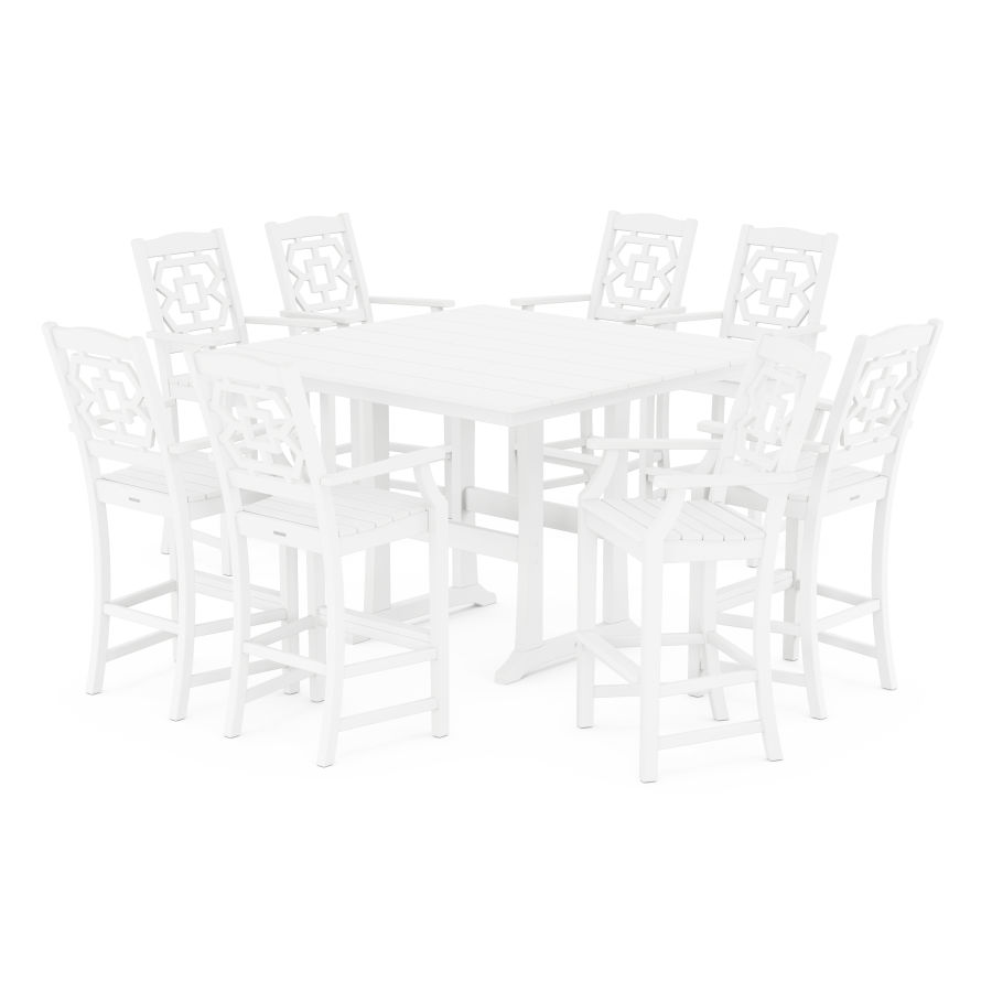 POLYWOOD Chinoiserie 9-Piece Square Farmhouse Bar Set with Trestle Legs in White