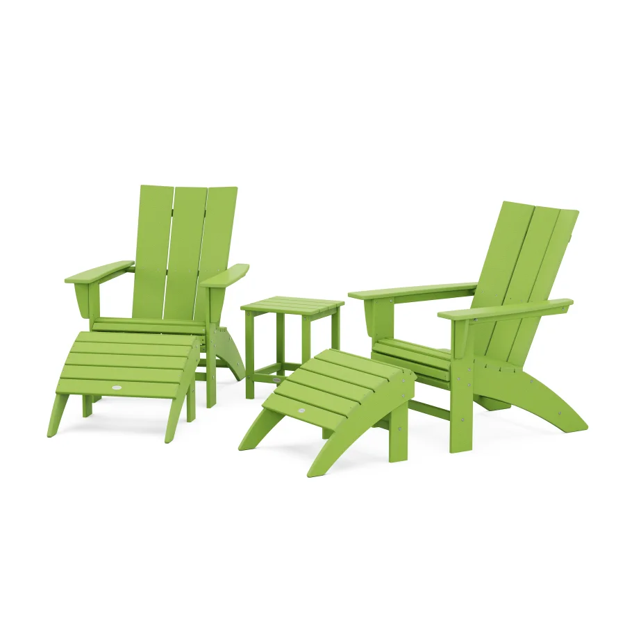 POLYWOOD Modern Curveback Adirondack Chair 5-Piece Set with Ottomans and 18" Side Table in Lime