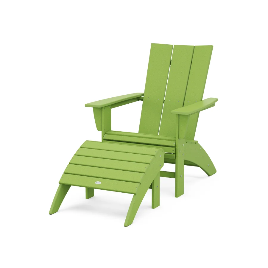 POLYWOOD Modern Curveback Adirondack Chair 2-Piece Set with Ottoman in Lime