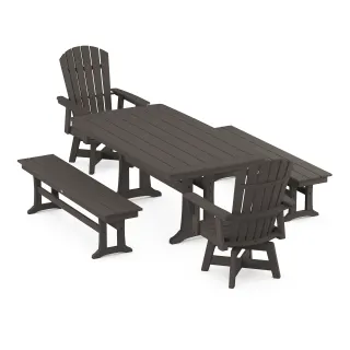 POLYWOOD Nautical Curveback Adirondack Swivel Chair 5-Piece Dining Set with Trestle Legs and Benches in Vintage Finish