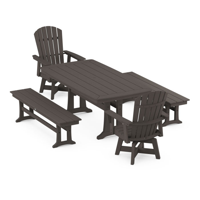 POLYWOOD Nautical Curveback Adirondack Swivel Chair 5-Piece Dining Set with Trestle Legs and Benches in Vintage Finish