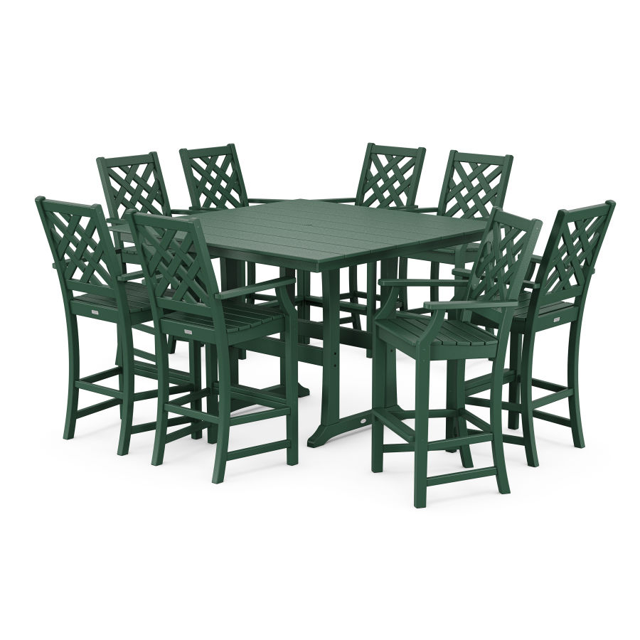 POLYWOOD Wovendale 9-Piece Square Farmhouse Bar Set with Trestle Legs in Green