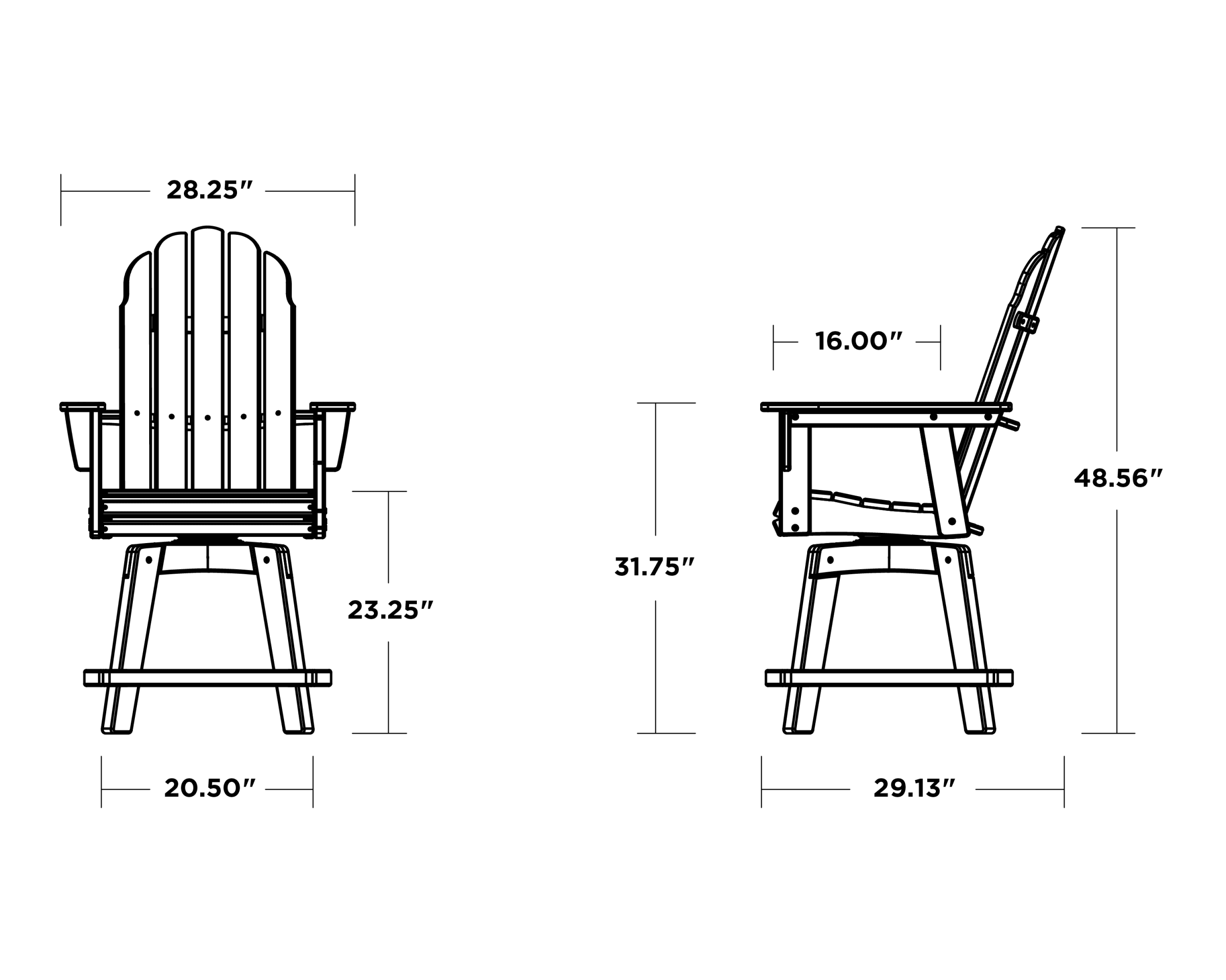 Dimensions for Vineyard Curveback Adirondack Swivel Counter Chair