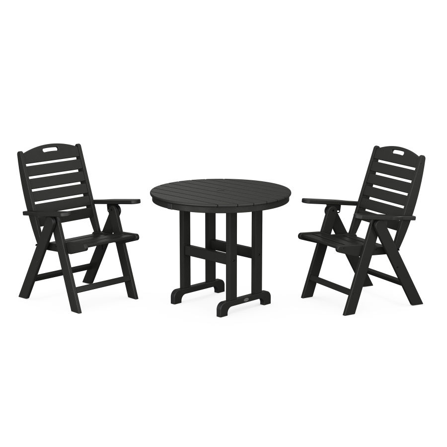 POLYWOOD Nautical Folding Highback Chair 3-Piece Round Dining Set in Black