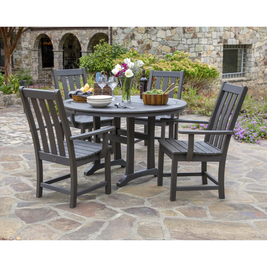 Vineyard 5-Piece Round Dining Set with Trestle Legs in Vintage Finish