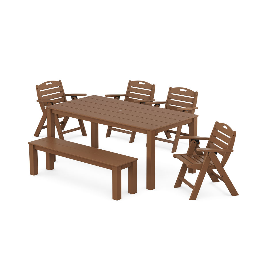 POLYWOOD Nautical Folding Lowback Chair 6-Piece Parsons Dining Set with Bench in Teak