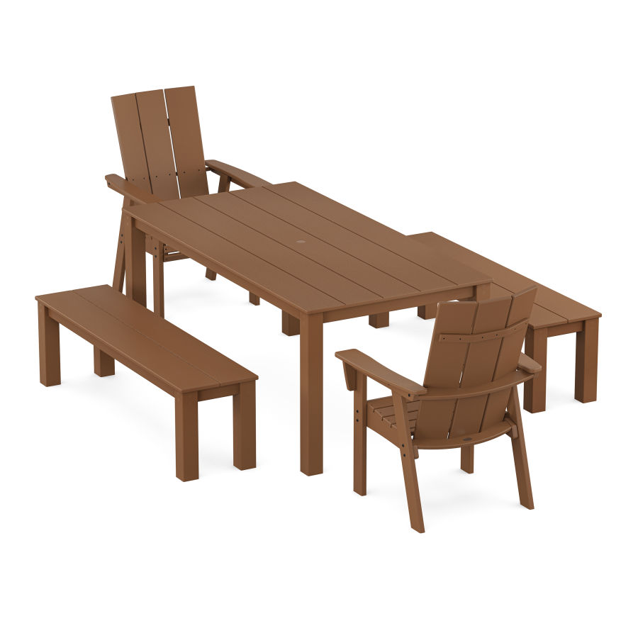 POLYWOOD Modern Curveback Adirondack 5-Piece Parsons Dining Set with Benches in Teak
