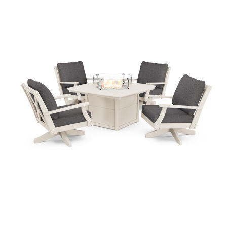 Braxton 5-Piece Deep Seating Swivel Conversation Set with Fire Pit Table in Sand / Ash Charcoal