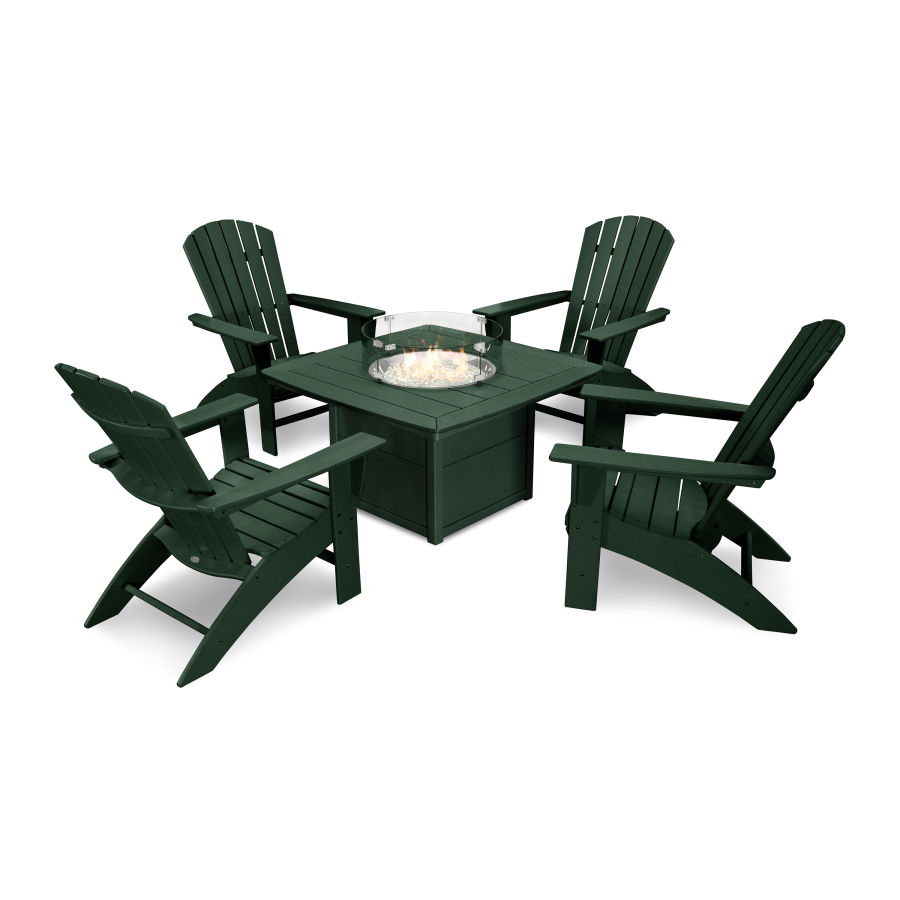 POLYWOOD Nautical Curveback Adirondack 5-Piece Conversation Set with Fire Pit Table in Green