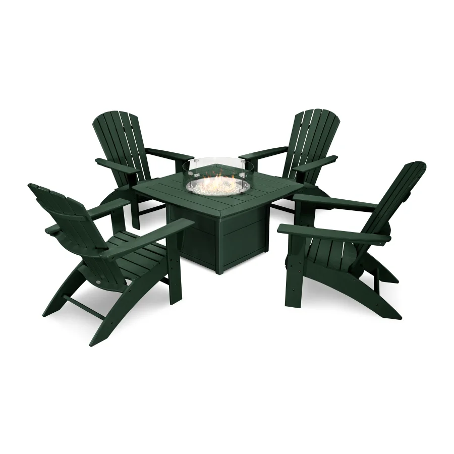 POLYWOOD Nautical Curveback Adirondack 5-Piece Conversation Set with Fire Pit Table in Green