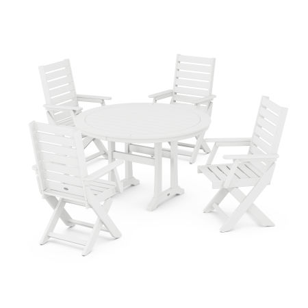 POLYWOOD Captain Folding Chair 5-Piece Round Dining Set with Trestle Legs in White