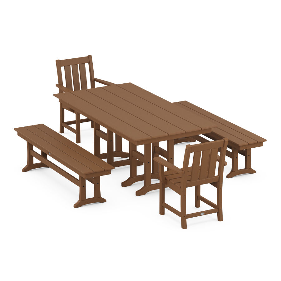 POLYWOOD Oxford 5-Piece Farmhouse Dining Set with Benches in Teak