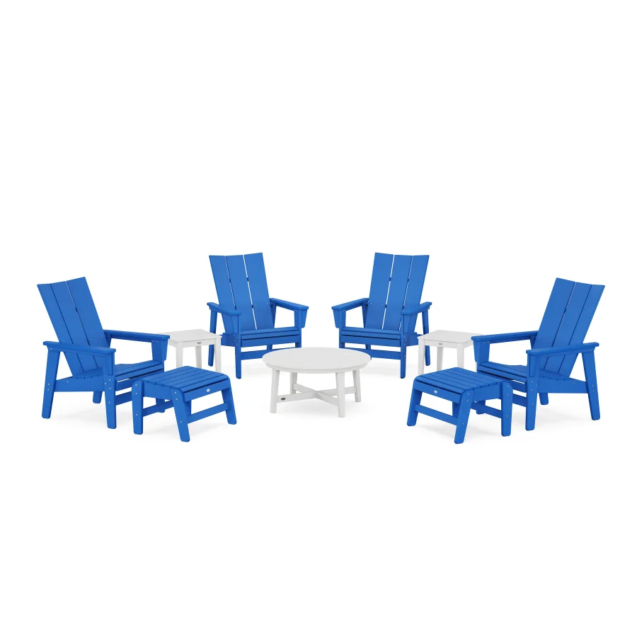 POLYWOOD Modern Grand Upright Adirondack 9-Piece Conversation Set in Pacific Blue / White