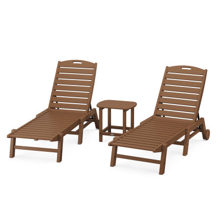 Nautical 3-Piece Chaise Lounge with Wheels Set with South Beach 18" Side Table in Teak
