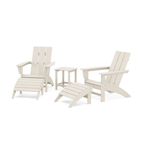 Modern Adirondack Chair 5-Piece Set with Ottomans and 18" Side Table in Sand