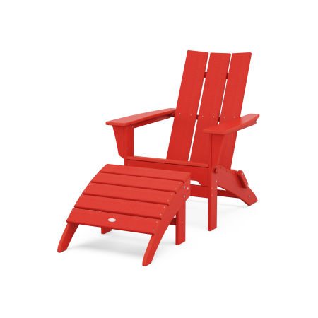 Modern Folding Adirondack Chair 2-Piece Set with Ottoman in Sunset Red