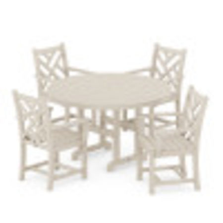 POLYWOOD Chippendale 5-Piece Round Farmhouse Arm Chair Dining Set in Sand