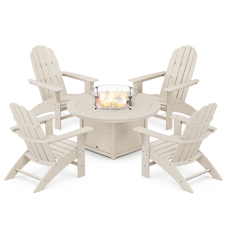 POLYWOOD Vineyard Curveback Adirondack 5-Piece Conversation Set with Fire Pit Table in Sand