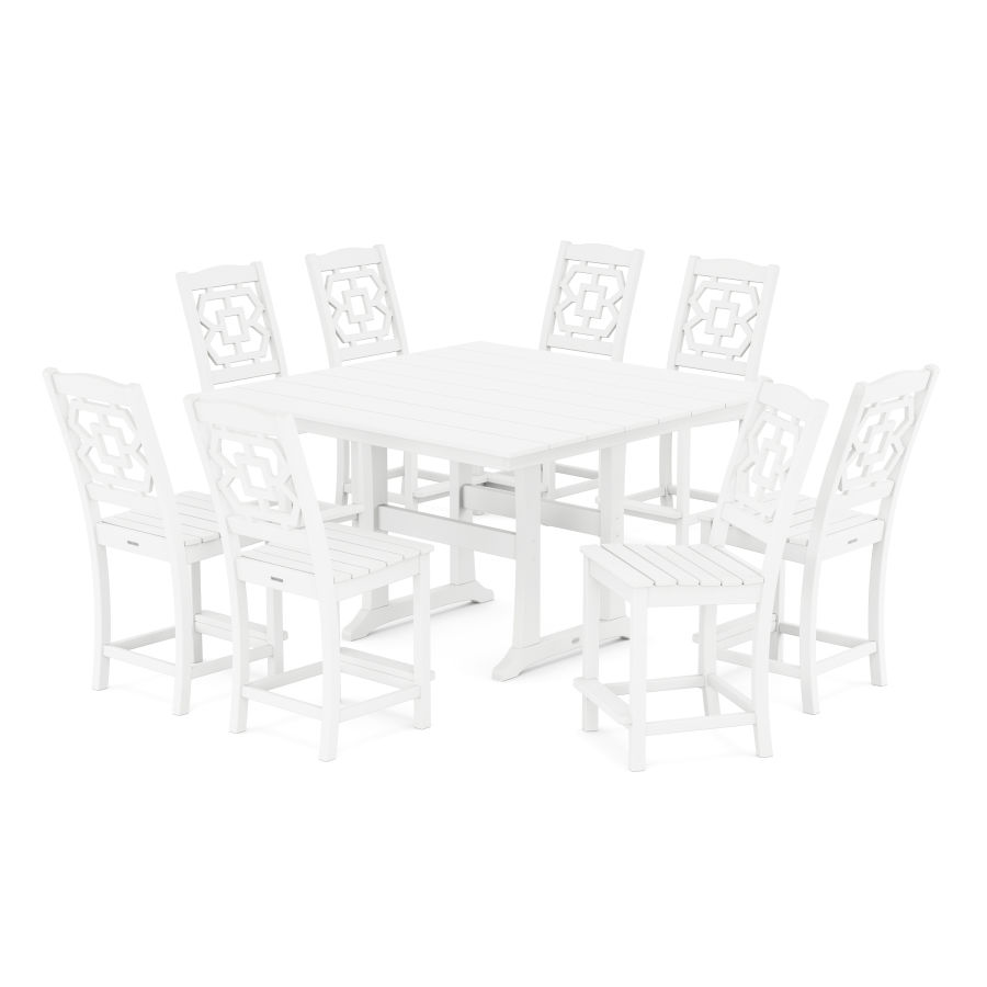 POLYWOOD Chinoiserie 9-Piece Square Farmhouse Side Chair Counter Set with Trestle Legs in White