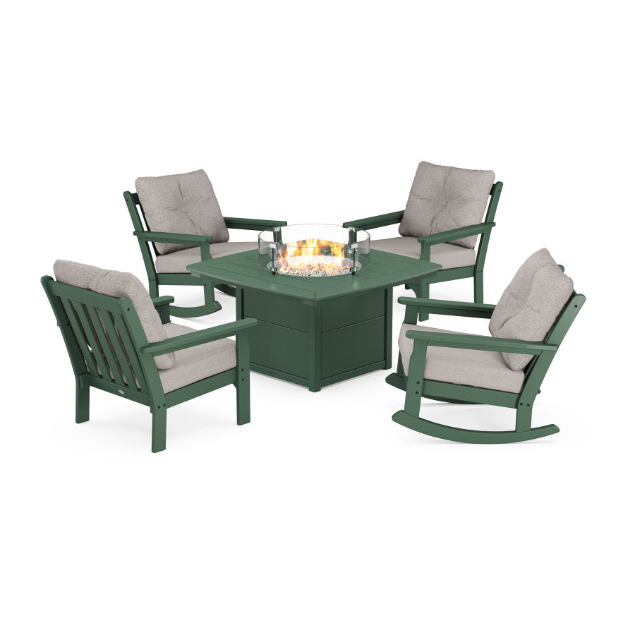 POLYWOOD Vineyard 5-Piece Deep Seating Rocking Chair Conversation Set with Fire Pit Table in Green / Weathered Tweed