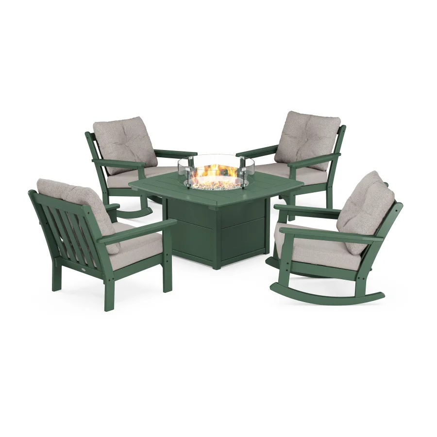 POLYWOOD Vineyard 5-Piece Deep Seating Rocking Chair Conversation Set with Fire Pit Table in Green / Weathered Tweed