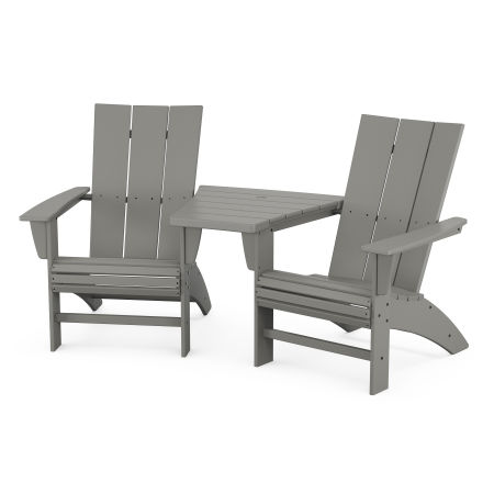 Modern 3-Piece Curveback Adirondack Set with Angled Connecting Table in Slate Grey