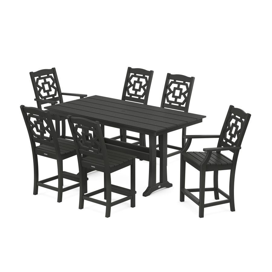 POLYWOOD Chinoiserie 7-Piece Farmhouse Counter Set with Trestle Legs in Black