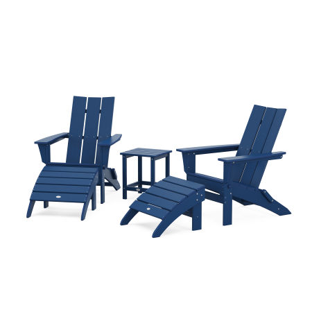 POLYWOOD Modern Folding Adirondack Chair 5-Piece Set with Ottomans and 18" Side Table in Navy
