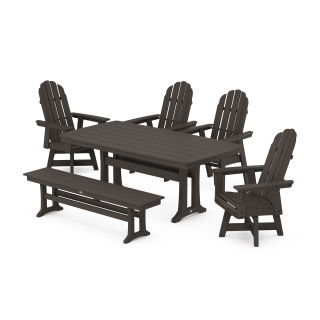 Vineyard Curveback Adirondack Swivel Chair 6-Piece Dining Set with Trestle Legs and Bench in Vintage Finish