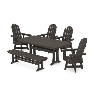 POLYWOOD Vineyard Curveback Adirondack Swivel Chair 6-Piece Dining Set with Trestle Legs and Bench in Vintage Finish