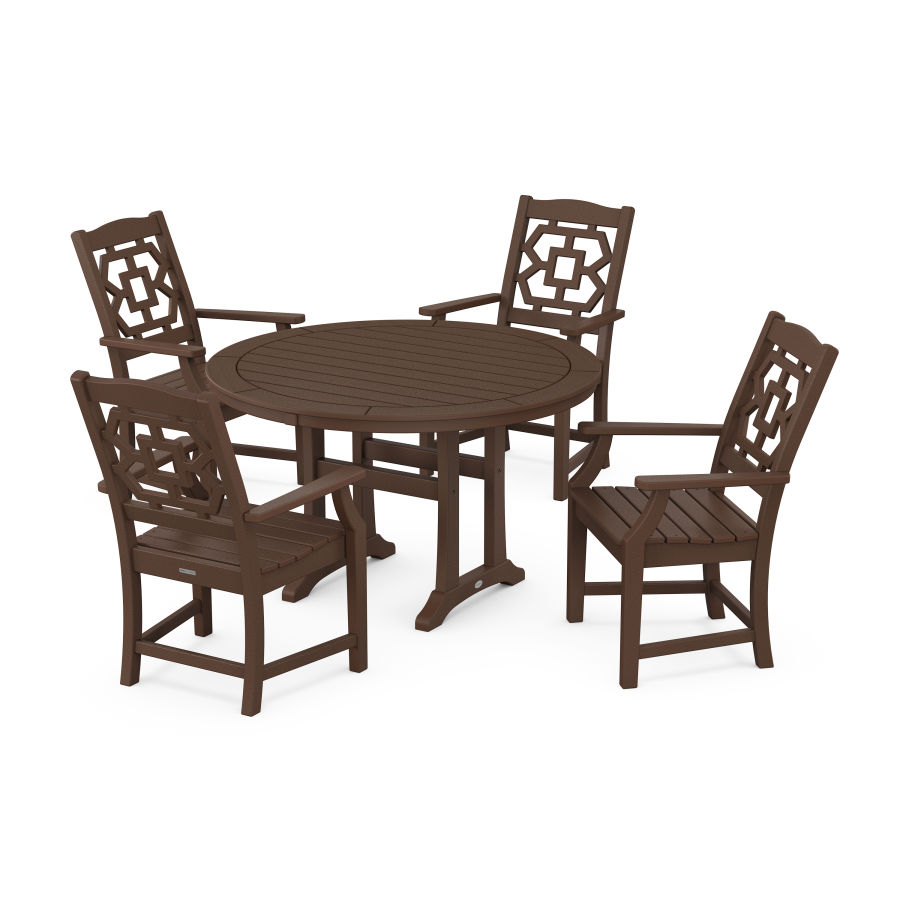 POLYWOOD Chinoiserie 5-Piece Round Dining Set with Trestle Legs in Mahogany