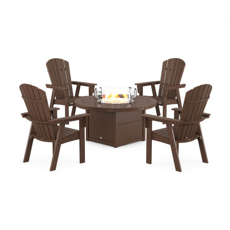 Nautical 4-Piece Curveback Upright Adirondack Conversation Set with Fire Pit Table in Mahogany