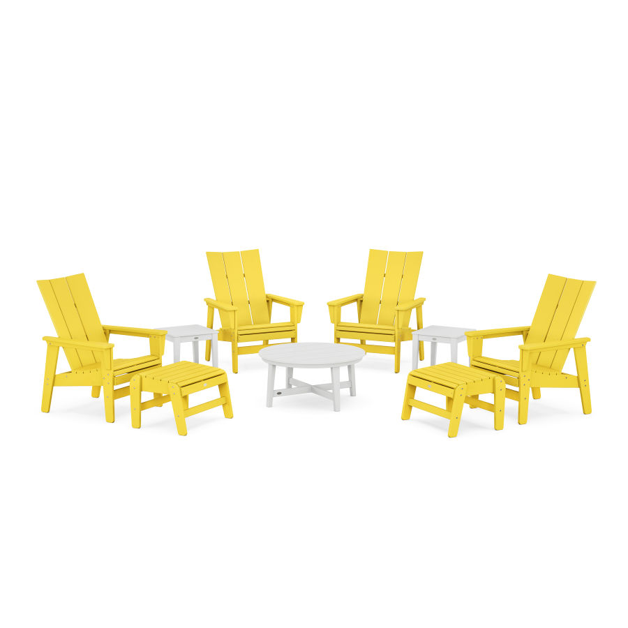 POLYWOOD Modern Grand Upright Adirondack 9-Piece Conversation Set in Lemon / White