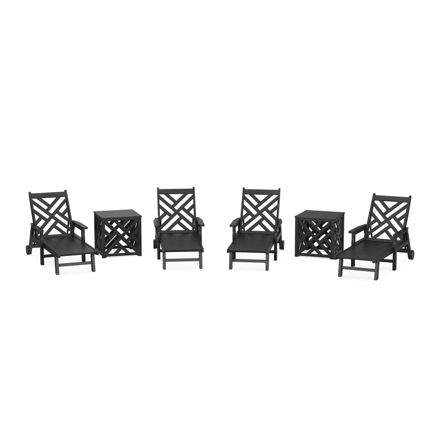 POLYWOOD Chippendale 6-Piece Chaise Set with Umbrella Stand Accent Table in Black