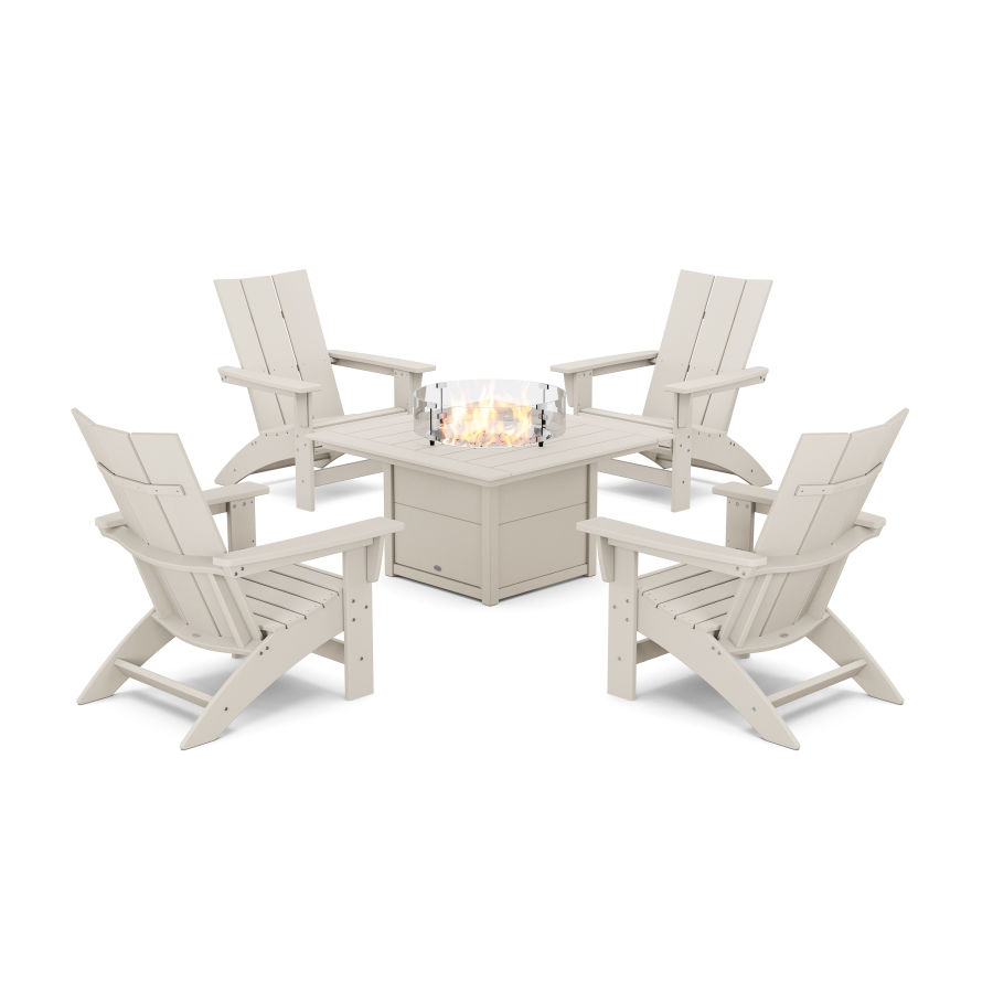 POLYWOOD 5-Piece Modern Grand Adirondack Conversation Set with Fire Pit Table in Sand