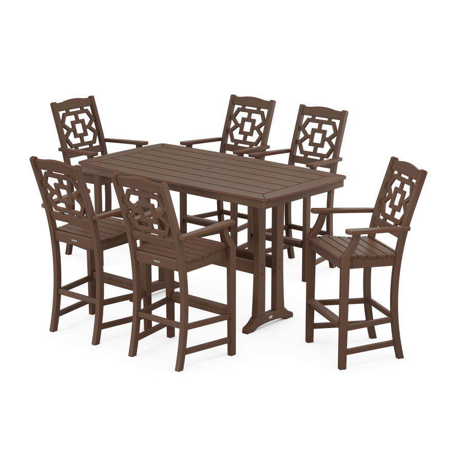 POLYWOOD Chinoiserie Arm Chair 7-Piece Bar Set with Trestle Legs in Mahogany